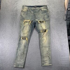 Serenede Jeans Mens 38x34 Blue Cotton Denim Skinny Leg Faded Distressed Stretch